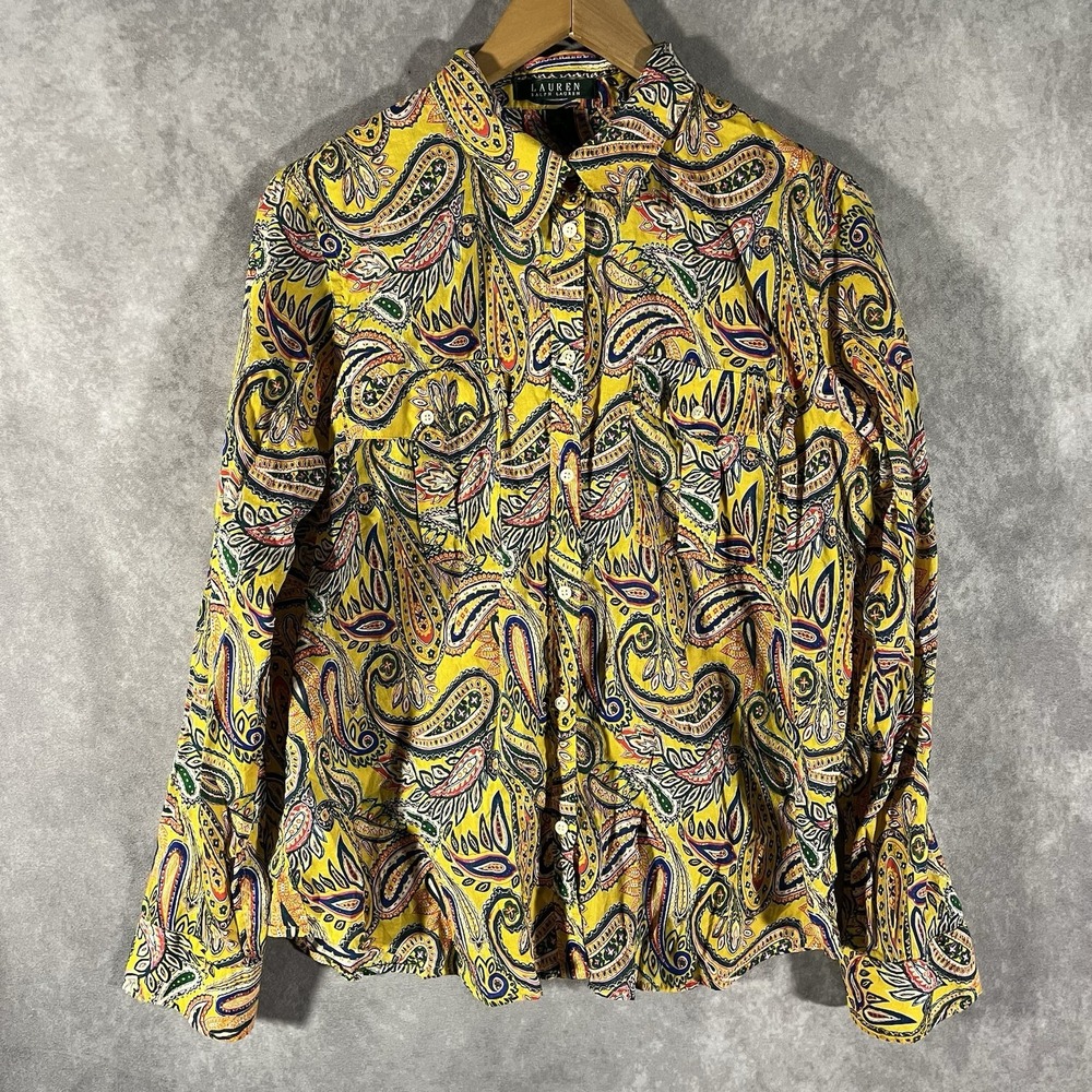 Lauren Ralph Lauren Button Down Women XL Yellow Paisley Cotton Long Sleeve Shirt